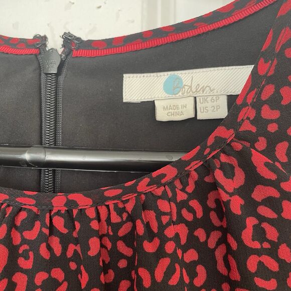 Boden Dress Poinsettia Blossom Leopard Print Size US 2P Red Black Sheer Lined - Picture 3 of 10